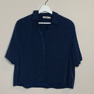 Elodie Black Blue Dot Button Down Blouse Size L